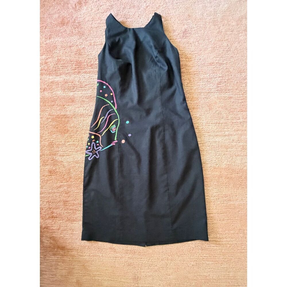 Vintage DL Dorothy Lane Black Linen Cotton Fish Embroidered Open Back Dress Size